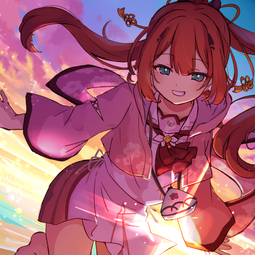 1girl, :d, aqua_eyes, ascot, backlighting, black_ascot, blunt_bangs, blush