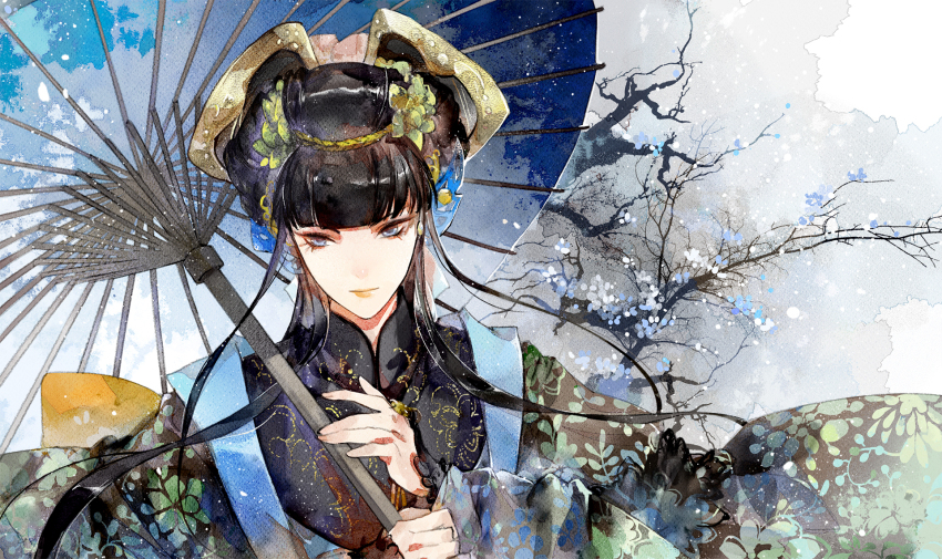 1girl, :|, black_dress, black_hair, black_shirt, blue_eyes, blue_flower, blue_umbrella, blunt_bangs, chinese_clothes, closed_mouth, dianzi, dress, expressionless, floral_print, flower, jinguang_budaixi, green_flower, grey_background, hair_flower, hair_ornament, hanfu, highres, holding, holding_umbrella, huanji_zhongzi, layered_sleeves, leaf_print, liangbatou, lips, long_sleeves, luo_kong, oil-paper_umbrella, shirt, sidelocks, sleeves_past_wrists, snow, solo, tree, umbrella, upper_body, white_background, wide_sleeves