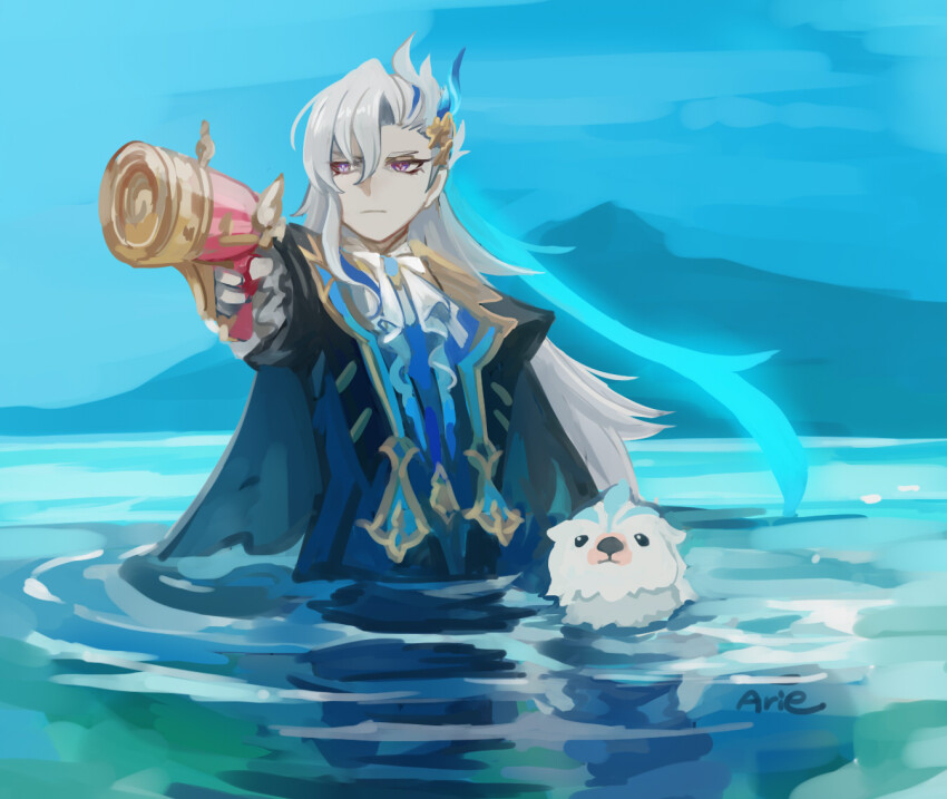 1boy, 2024_summer_olympics, aiming, arie_game, artist_name, ascot, asymmetrical_bangs, blue_coat