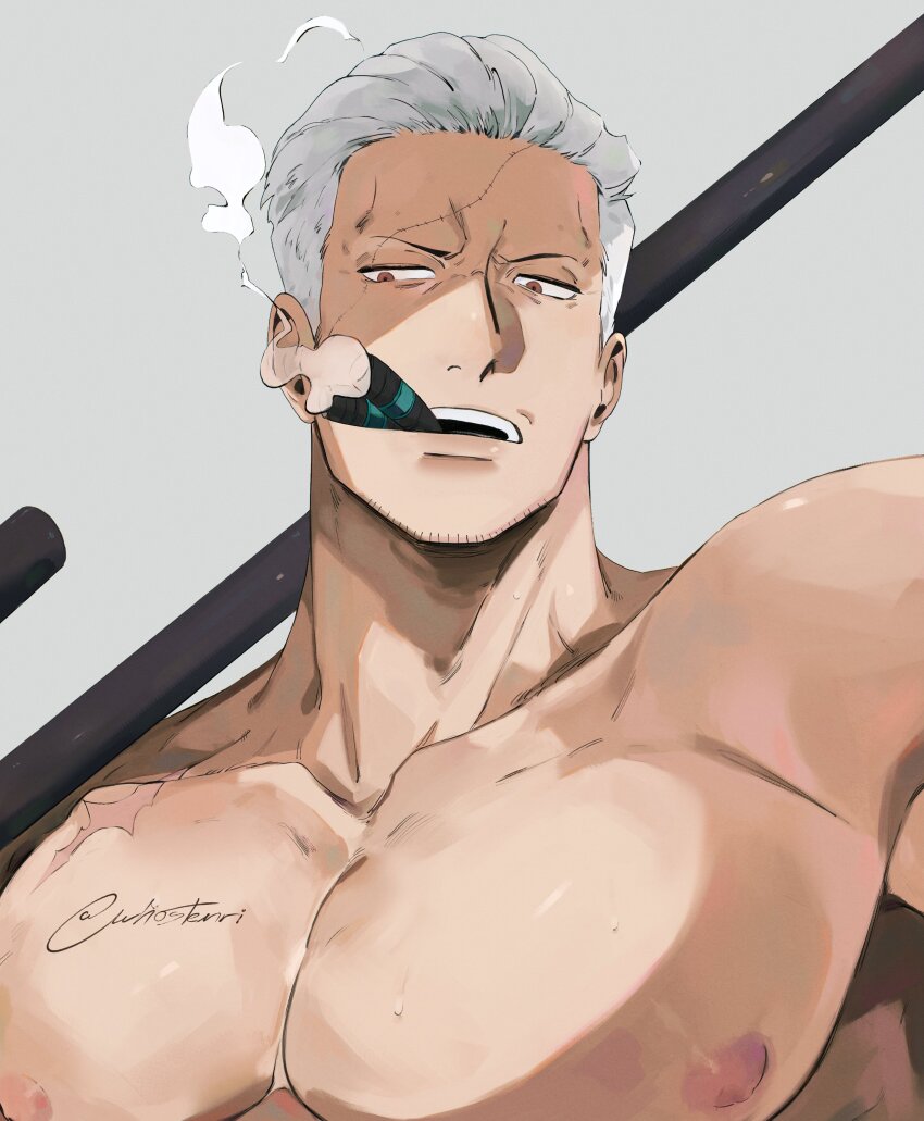 1boy, absurdres, bara, brown_eyes, cigar, collarbone, grey_background, grey_hair