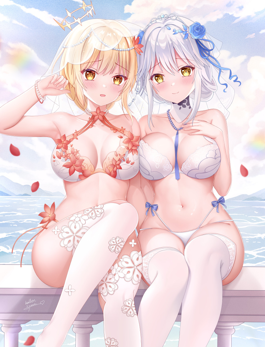 2girls, absurdres, bare_arms, bead_necklace, beads, bikini, blonde_hair, blue_sky