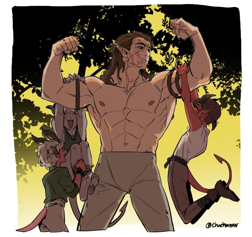 1girl, 3boys, abs, baldur's_gate, baldur's_gate_3, bara, brown_hair, carrying, carrying_multiple_people, carrying_person, child, chuchurrrrr, colored_skin, cowboy_shot, demon_boy, dungeons_&amp;_dragons, elf, halsin, happy, large_pectorals, male_focus, mature_male, medium_hair, multiple_boys, muscular, muscular_male, navel, nipples, pants, pectorals, pointy_ears, red_skin, standing, stomach, thick_eyebrows