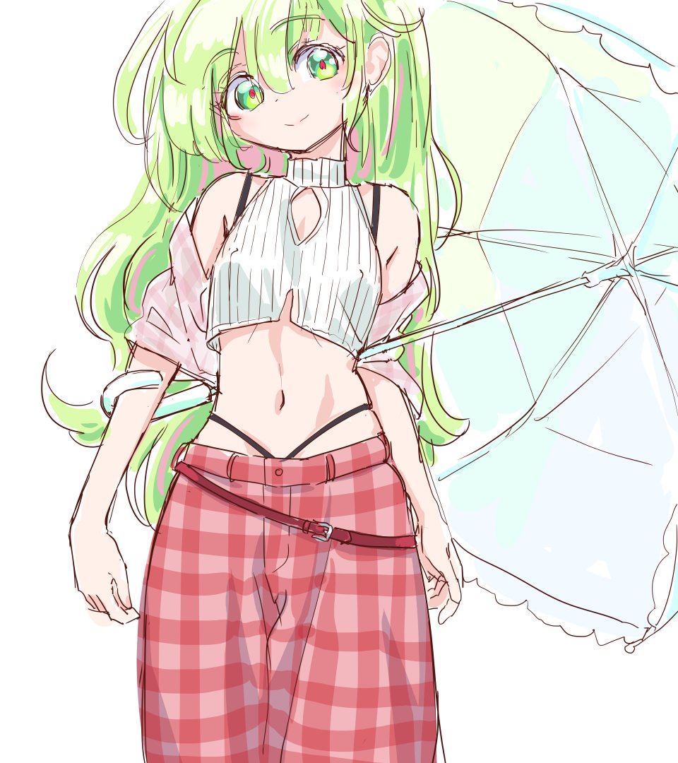 1girl, adapted_costume, belt, bra_strap, covered_erect_nipples, crop_top, green_eyes, green_hair, highleg, highleg_panties, jacket, kazami_yuuka, kazami_yuuka_(pc-98), long_hair, midriff, navel, off_shoulder, panties, pants, pink_jacket, plaid_clothes, plaid_jacket, plaid_pants, red_pants, red_pupils, s-a-murai, shirt, solo, touhou, touhou_(pc-98), umbrella, umbrella_on_arm, underwear, white_background, white_shirt
