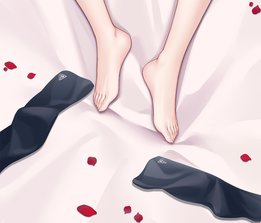 1girl, 71150521_(user_agrk2888), akamatsu_kaede, barefoot, bed_sheet, black_socks, danganronpa_(series), danganronpa_v3:_killing_harmony