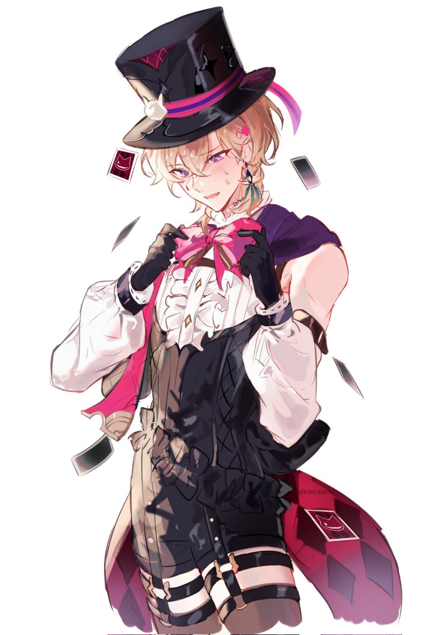 1boy, adjusting_bowtie, artist_name, aventurine_(honkai:_star_rail), black_corset, black_gloves, black_hat, black_shorts