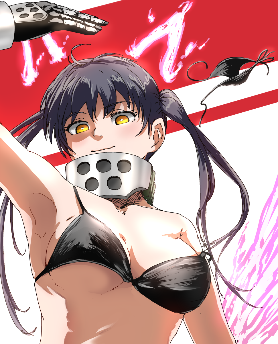 1girl, bikini, black_bikini, black_hair, breasts, closed_mouth, en'en_no_shouboutai, fiery_ears