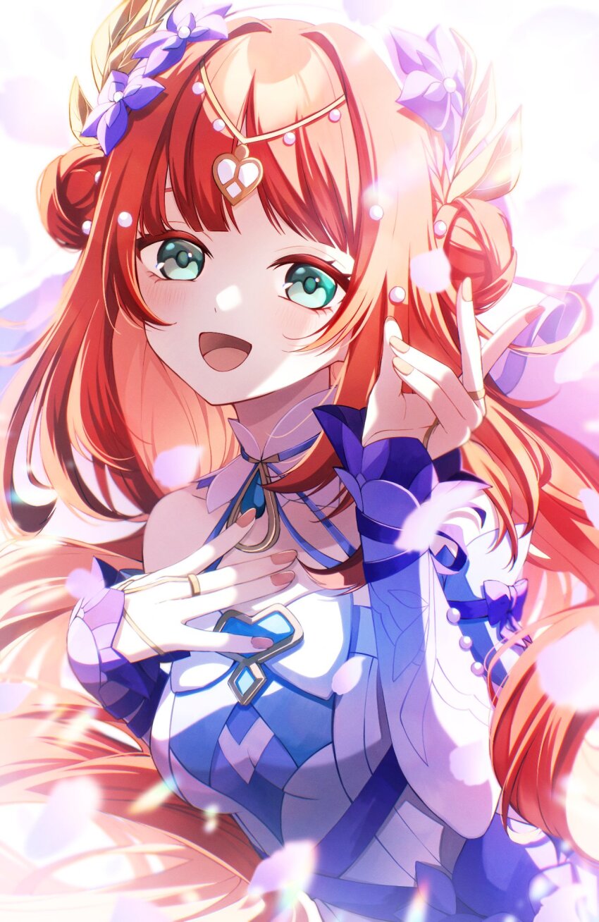 1girl, :d, aqua_eyes, bare_shoulders, circlet, commentary, detached_sleeves, double_bun