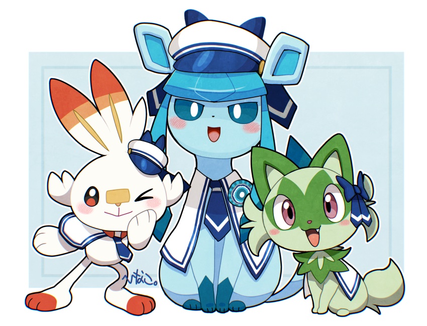 blue_eyes, blush, blush_stickers, bow, fang, gen_4_pokemon, gen_8_pokemon, glaceon