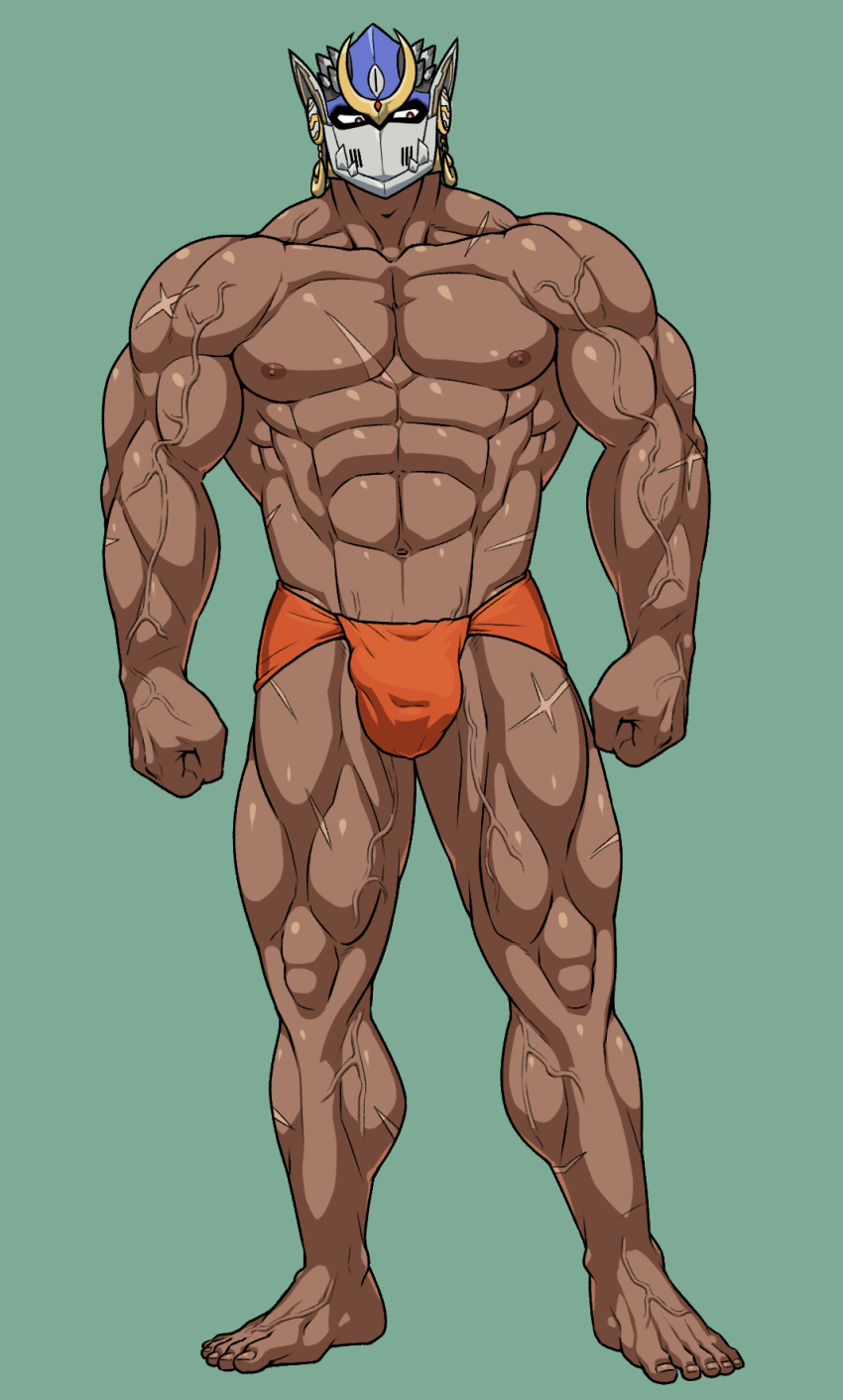 1boy, abs, arms_at_sides, averting_eyes, bara, bare_legs, barefoot, bulge