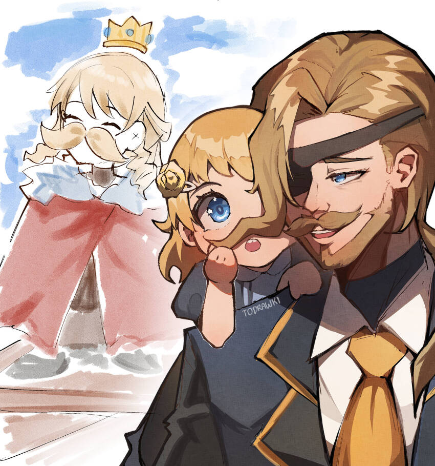 1boy, 1girl, ^_^, absurdres, aged_down, artist_name, beard, blonde_hair