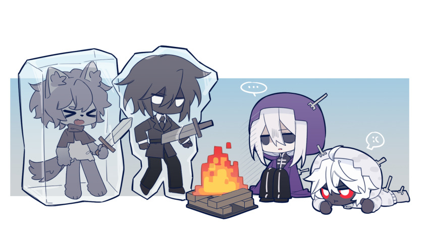 ..., 4boys, androgynous, animal_ears, animification, annoyed, black_skin, border, campfire, character_request, chibi, chibi_only, chinese_commentary, colored_skin, commentary_request, creepypasta, dreadlord_(creepypasta), entity_303, fork, frozen, furry, furry_male, highres, holding, holding_sword, holding_weapon, ice, lying, male_focus, minecraft, multiple_boys, null_(creepypasta), on_stomach, sitting, stab, sword, tail, weapon, white_border, white_hair, wolf_ears, wolf_tail, zaxiangnut25846