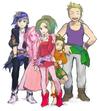 2girls, 3boys, ^_^, bandana, black_jacket, black_pants, blonde_hair, blue_bandana