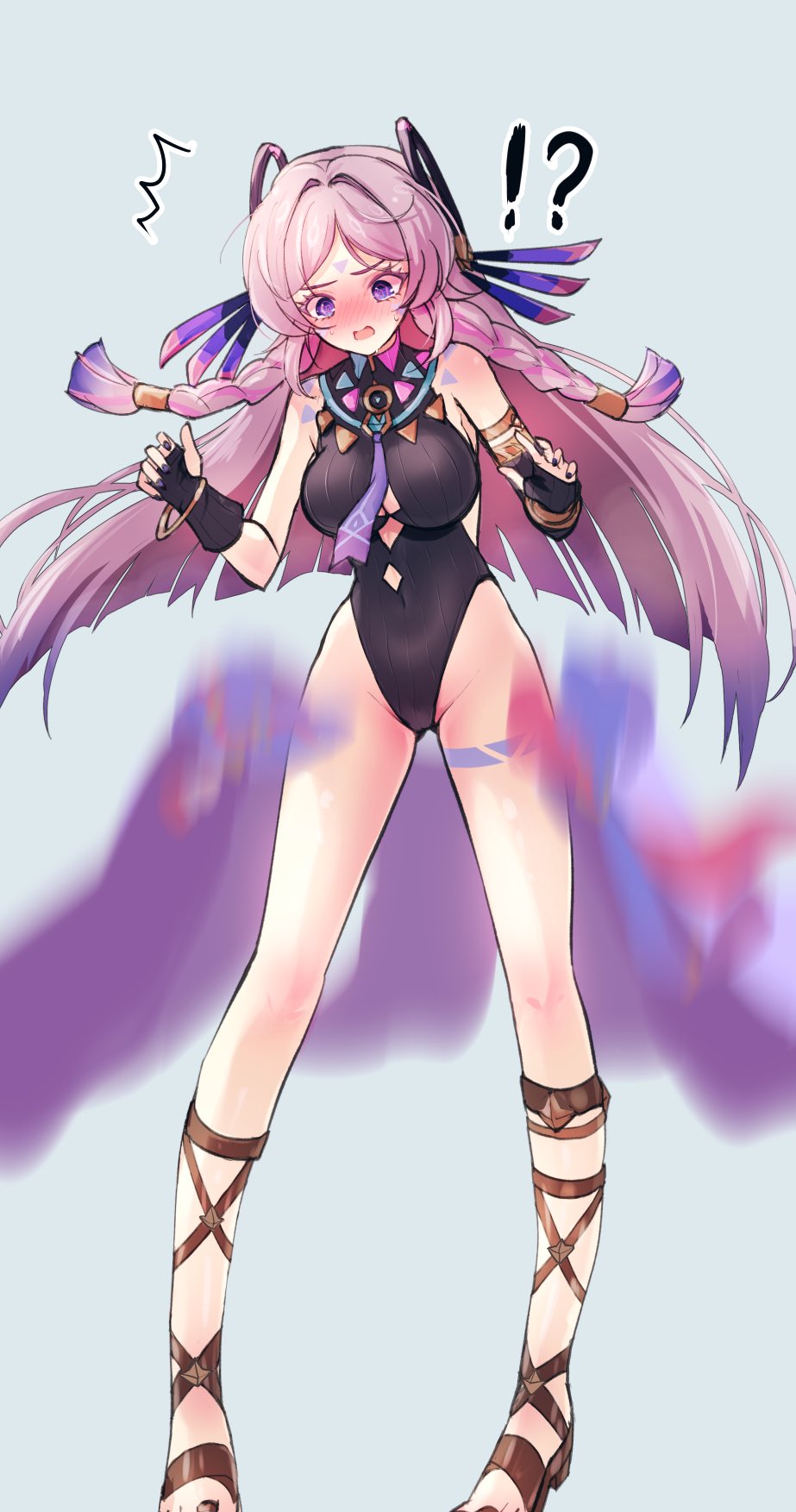 !?, 1girl, @_@, ^^^, bare_shoulders, black_leotard, blush, body_markings, bracelet, braid, braided_sidelock, breasts, citlali_(genshin_impact), covered_navel, facial_mark, feathers, forehead_mark, genshin_impact, gladiator_sandals, groin, hair_ornament, highres, jewelry, kedama_(kdmsato), leotard, long_hair, medium_breasts, multiple_bracelets, nail_polish, nose_blush, open_mouth, pink_hair, pink_pupils, purple_feathers, purple_hair, sandals, solo, standing, twin_braids, wardrobe_malfunction
