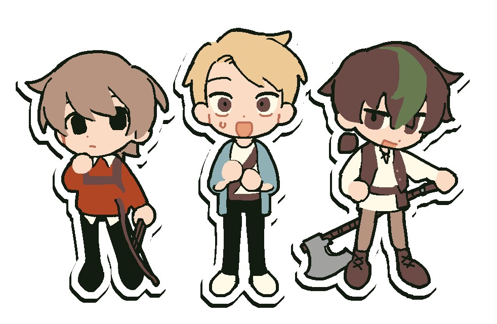 3boys, axe, black_eyes, blonde_hair, blue_jacket, bow_(weapon), brown_eyes, brown_hair