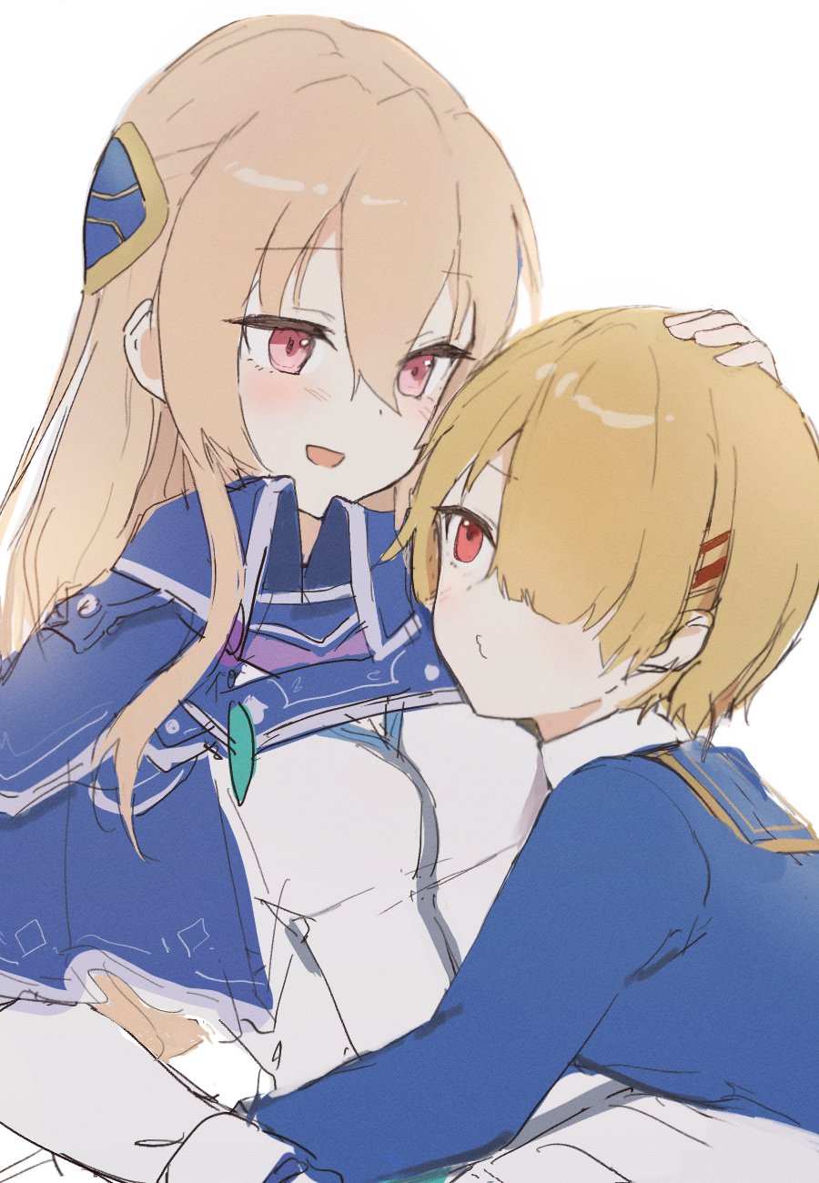 2girls, blonde_hair, capelet, hair_between_eyes, hair_ornament, hair_over_one_eye, hairclip, heaven_burns_red