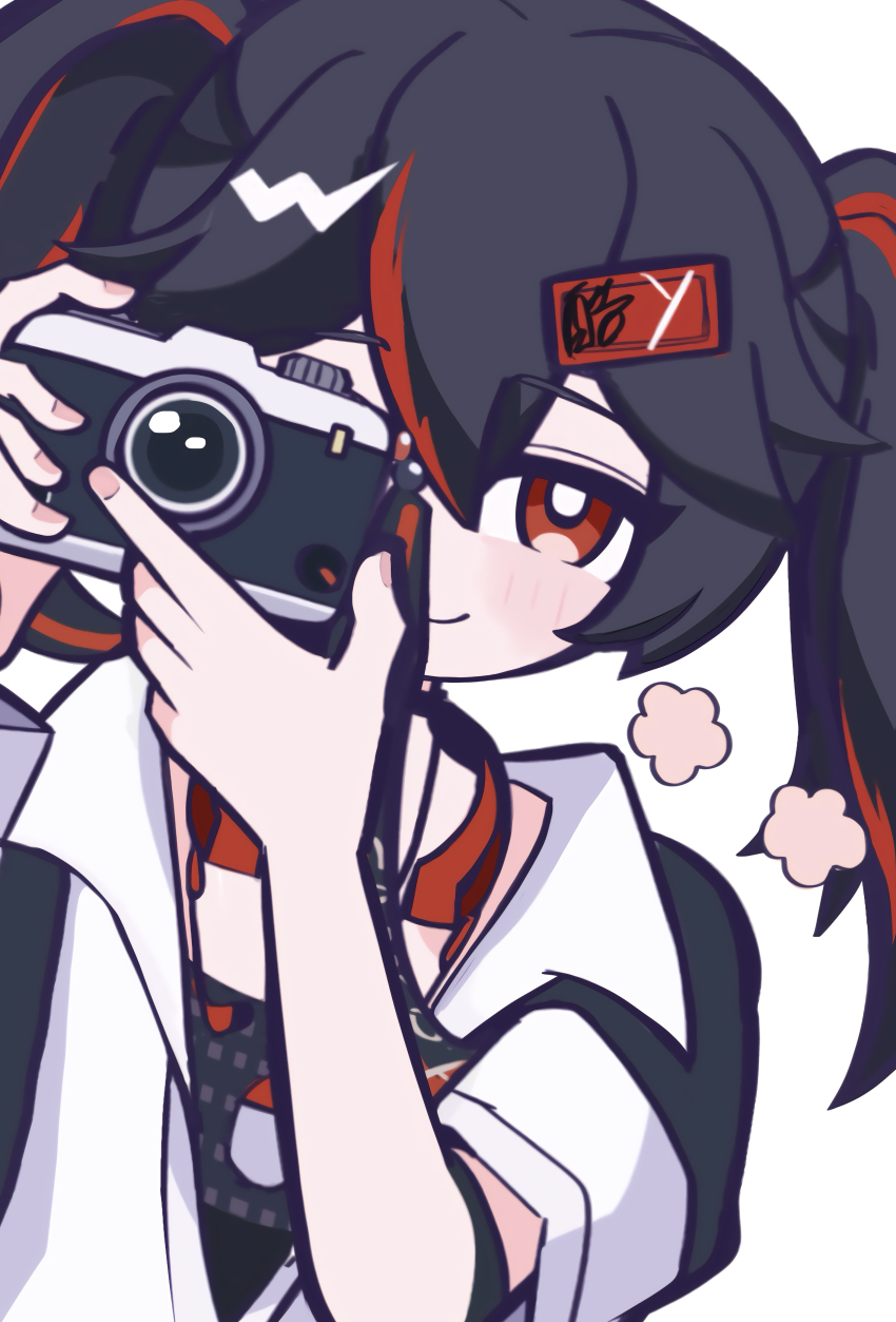 1girl, absurdres, black_hair, black_jacket, camera, dog_tags, hair_between_eyes, highres