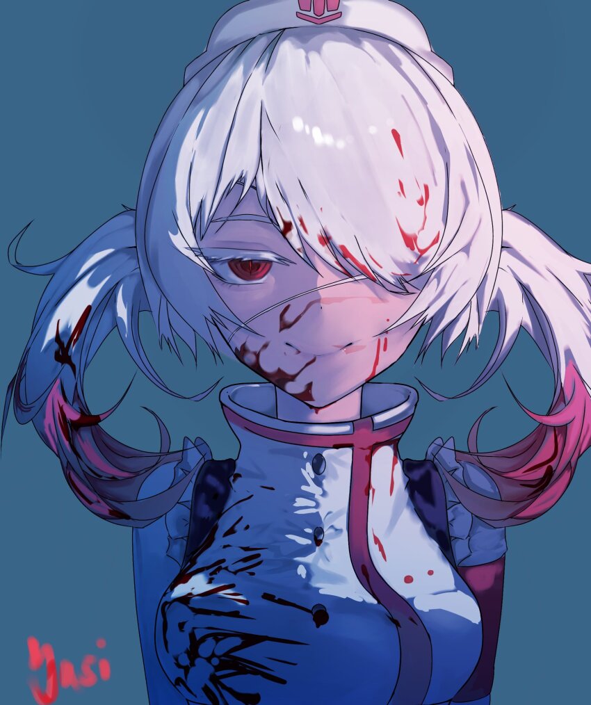 1girl, blood, blood_in_hair, blood_on_clothes, blood_on_face, closed_mouth, colored_tips, eyepatch