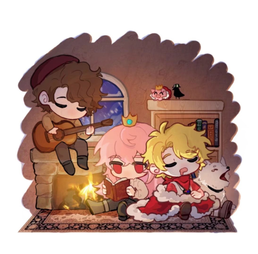 3boys, androgynous, animal, bird, blonde_hair, bookshelf, brown_hair, chibi