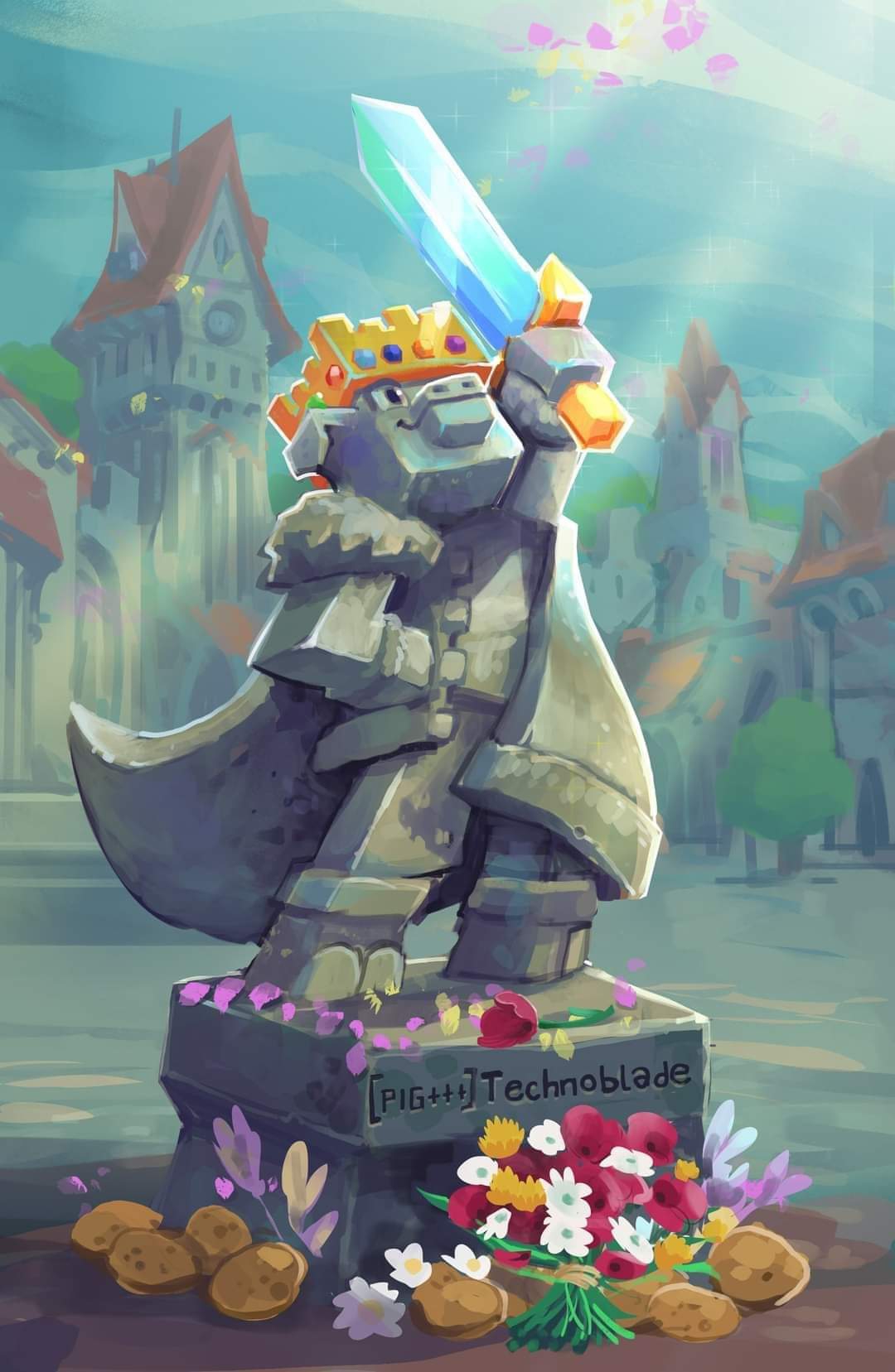 1boy, artist_request, character_name, crown, flower, furry, furry_male, hand_on_own_hip, highres, hypixel, hypixel_skyblock, light_rays, looking_up, minecraft, minecraft_(style), minecraft_sword, minecraft_youtube, official_art, outdoors, painterly, pig_boy, potato, scenery, sky, statue, sword, technoblade, third-party_source