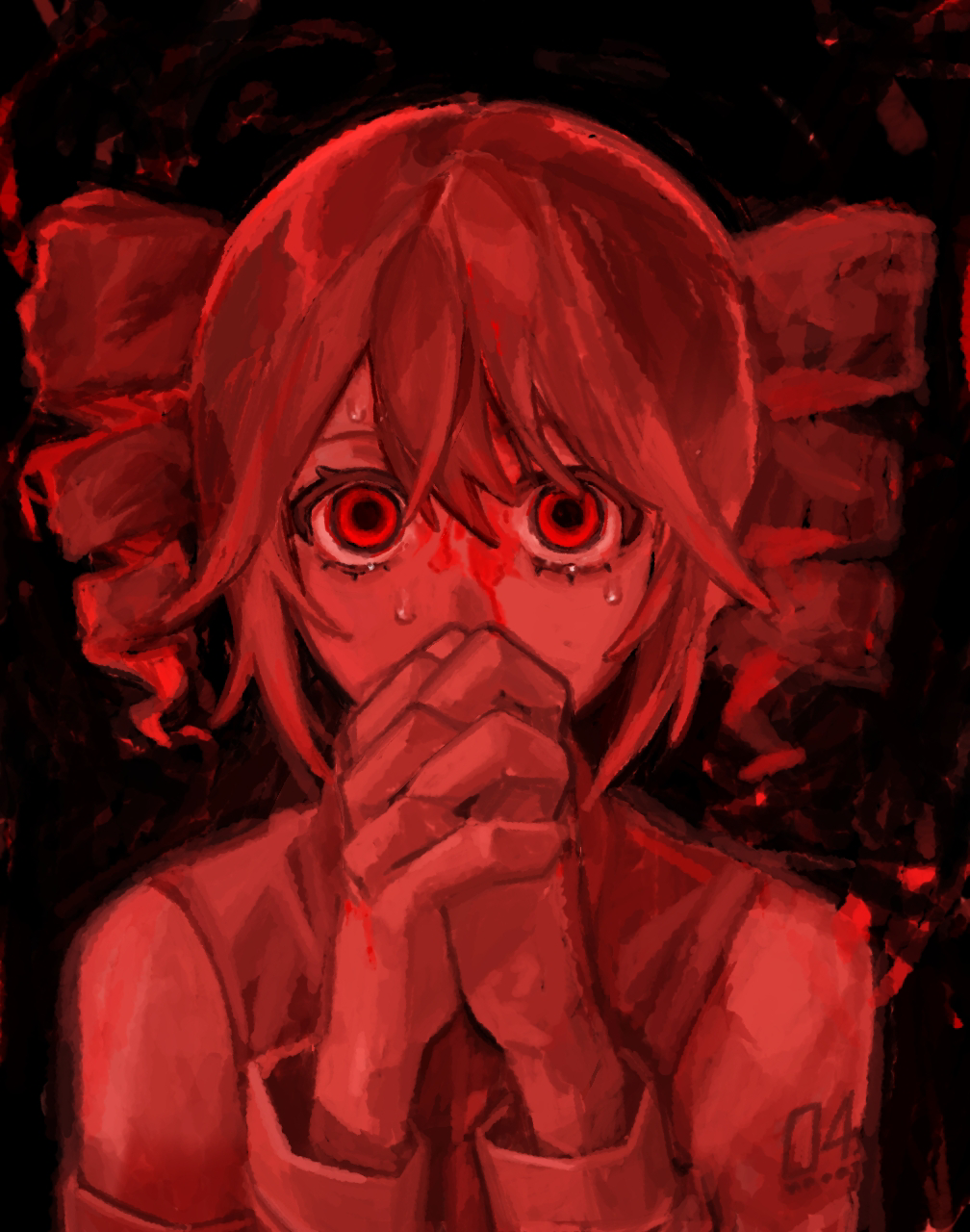 1girl, abstract_background, blood, blood_from_forehead, commentary_request, covering_own_mouth, detached_sleeves, drill_hair, empty_eyes, highres, kasane_teto, kasane_teto_(utau), looking_at_viewer, monochrome, nervous, nervous_sweating, nou_1182, number_tattoo, omajinai_(synthesizer_v), own_hands_clasped, own_hands_together, red_theme, shirt, shoulder_tattoo, sleeveless, sleeveless_shirt, solo, straight-on, sweat, tattoo, twin_drills, upper_body, utau