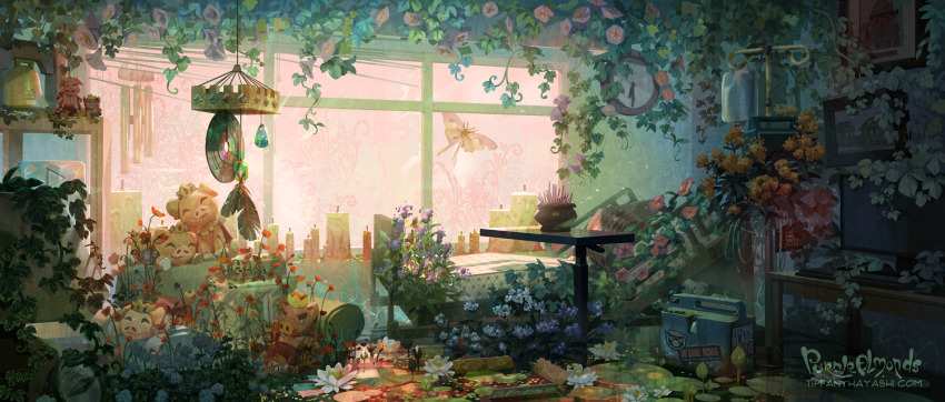 absurdly_detailed_composition, bed, bell, bug, candle, chayanne, clock, commentary, compass, computer, computer_keyboard, crown, desk, dream_smp, duck_innertube, english_commentary, english_text, feathers, figure, flower, flower_request, highres, hospital, hospital_bed, implied_death, indoors, innertube, insect, intravenous_drip, leaf, lily_pad, loaded_interior, lovejoy_(band), minecraft_youtube, monitor, moth, no_humans, original, painterly, photo_(object), picture_frame, pig, pillow, plant, potted_plant, quackity_smp, real_life, scenery, shelf, statue, stuffed_animal, stuffed_pig, stuffed_toy, table, technoblade, tiffany_hayashi, vase, vines, vinyl_record, watermark, web_address, wind_chime, window, youtooz, youtube, youtube_creator_award