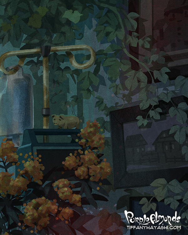 commentary, cropped, dream_smp, english_commentary, english_text, flower, hospital, indoors, intravenous_drip, leaf, minecraft_youtube, no_humans, original, picture_frame, pig, real_life, scenery, statue, still_life, technoblade, tiffany_hayashi, watermark, web_address