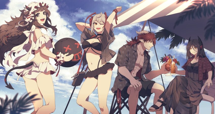 1boy, 3girls, arknights, awning, bikini, black_dress, black_shirt, black_shorts