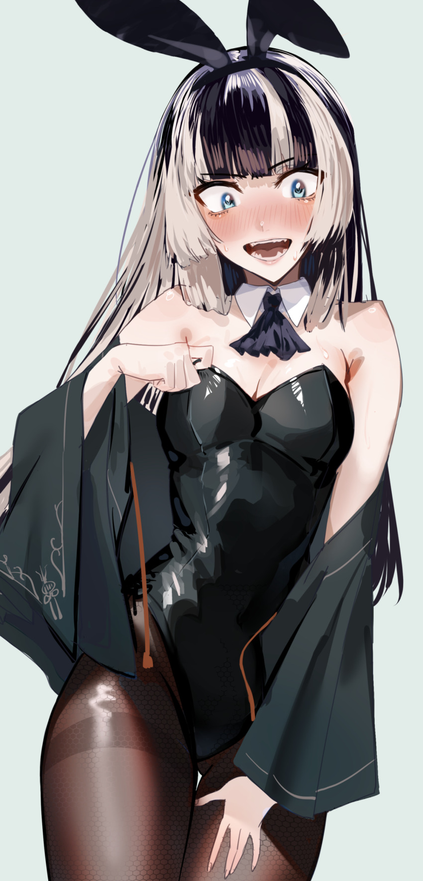 1girl, absurdres, animal_ears, black_eyeliner, black_hair, black_leotard, blue_eyes, blunt_bangs