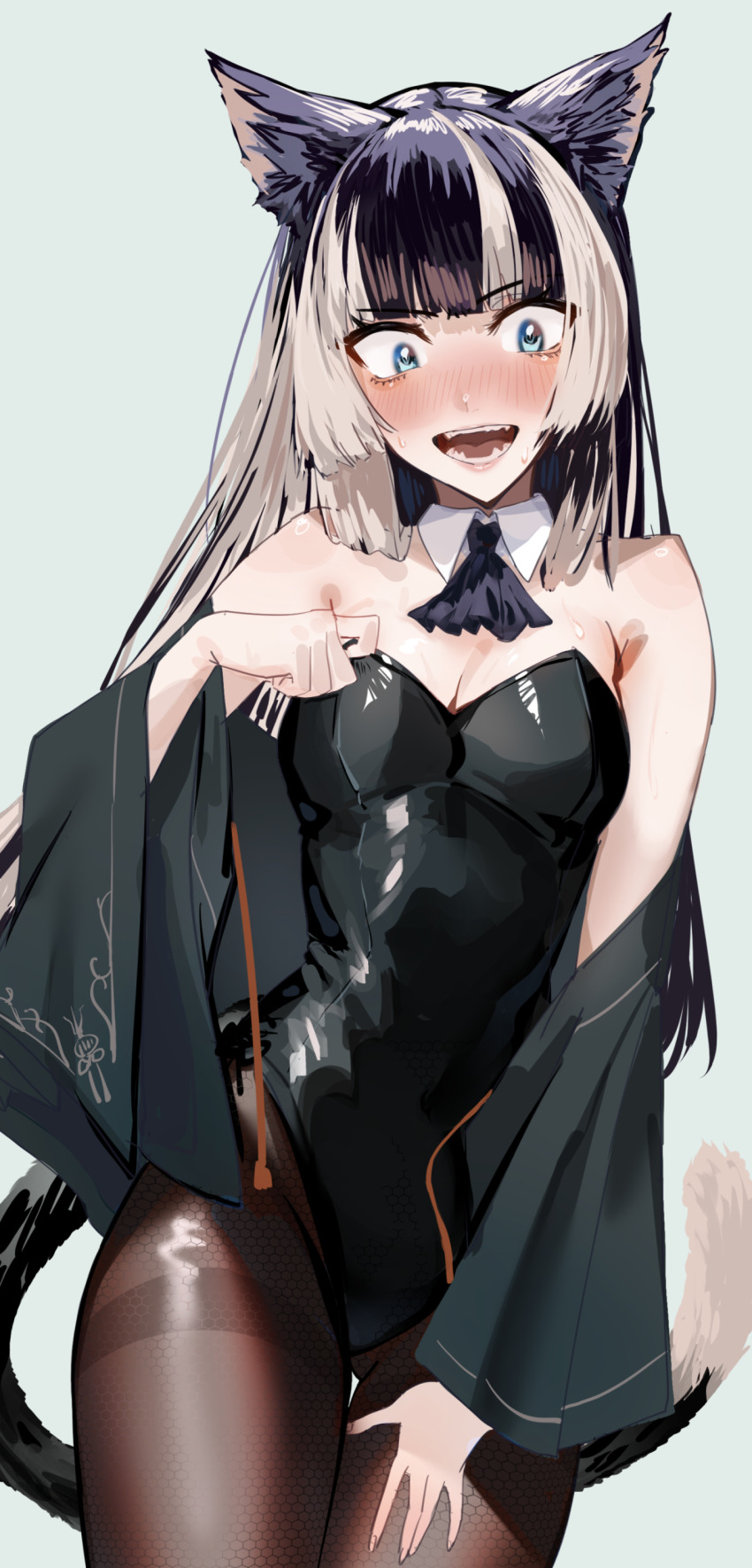 1girl, absurdres, animal_ears, black_eyeliner, black_hair, black_leotard, blue_eyes, blunt_bangs