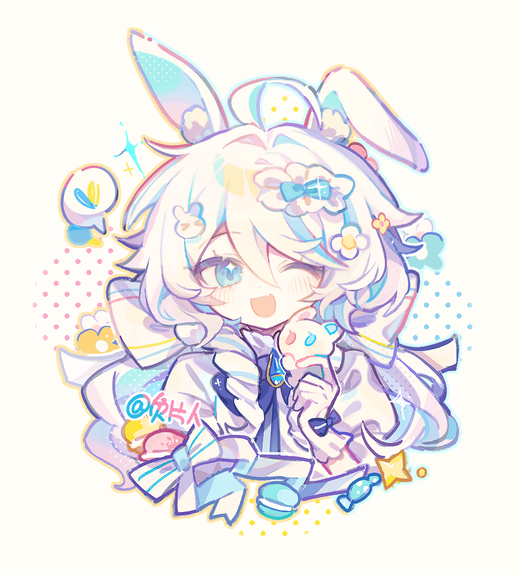 1girl, ahoge, animal_ears, blue_eyes, blue_hair, bow, chinese_commentary, commentary_request, food, fu_pian_ren, furina_(genshin_impact), genshin_impact, gloves, hair_between_eyes, holding, kemonomimi_mode, light_blue_hair, long_hair, long_sleeves, looking_at_viewer, macaron, multicolored_hair, one_eye_closed, open_mouth, rabbit_ears, rabbit_girl, smile, solo, streaked_hair, upper_body, white_gloves, white_hair