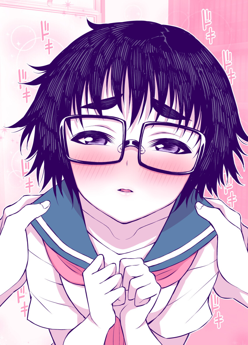 1girl, absurdres, black-framed_eyewear, black_eyes, black_hair, blush, breasts, commentary