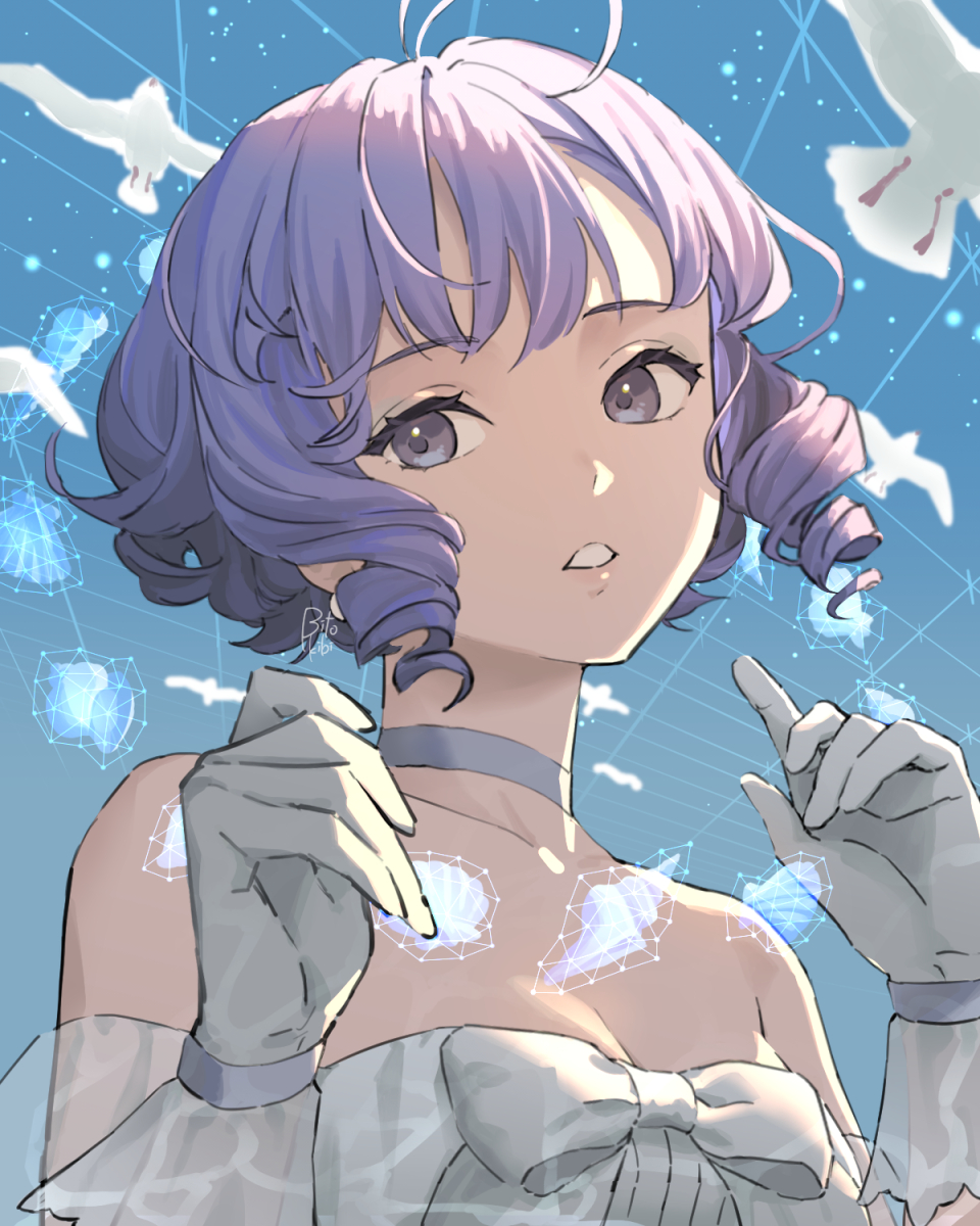 1girl, bare_shoulders, bird, bito_kibi, blue_background, bow, choker, collarbone