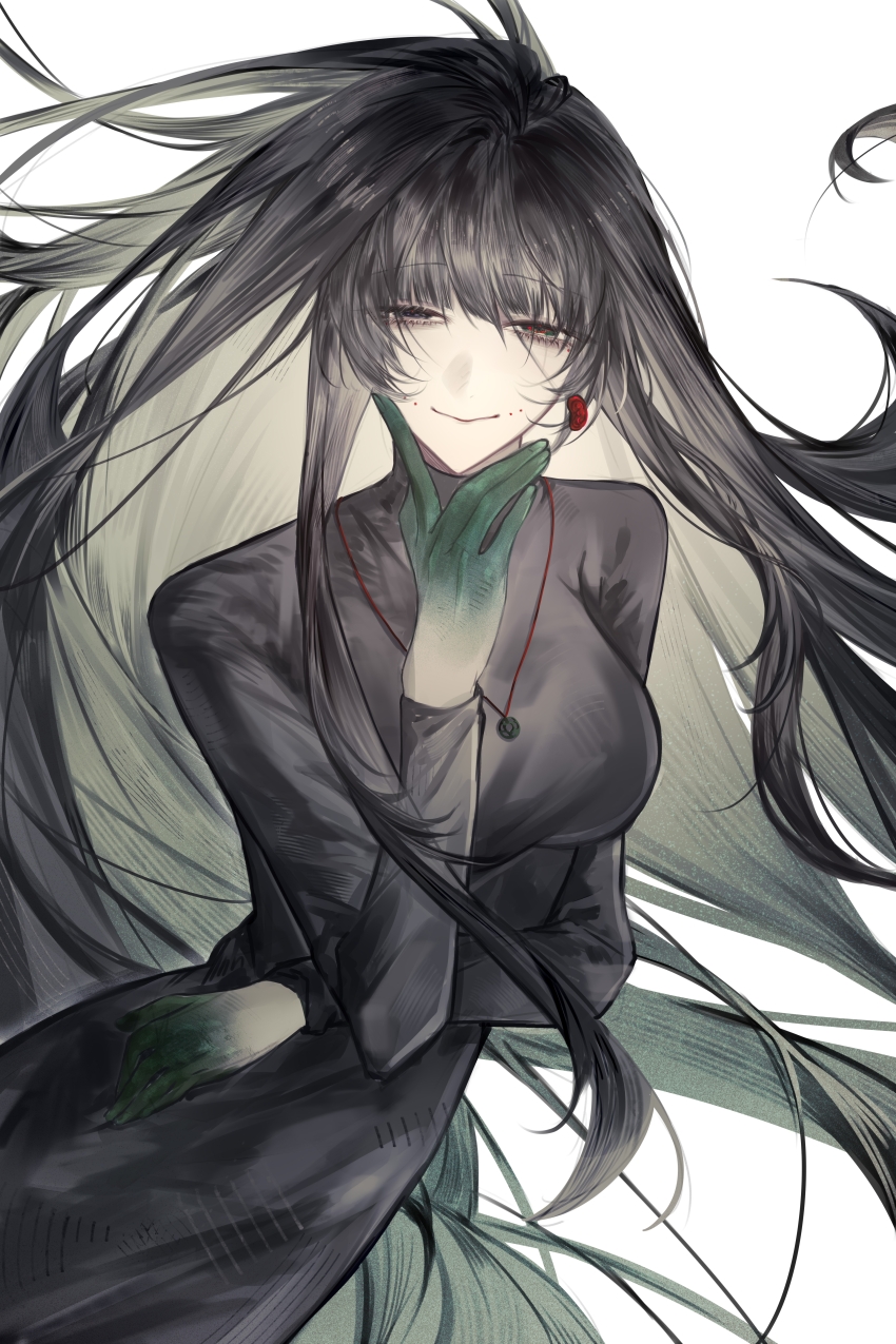 1girl, absurdres, black_dress, black_eyes, black_hair, breasts, chinese_commentary, closed_mouth, colored_extremities, colored_inner_hair, commentary_request, dress, earrings, facial_mark, green_eyes, green_hair, heterochromia, highres, jewelry, kc-rk_sl, large_breasts, long_hair, long_sleeves, multicolored_hair, naihe_(female)_(touqi_guaitan), necklace, single_earring, smile, solo, touqi_guaitan, turtleneck, turtleneck_dress, two-tone_hair, upper_body