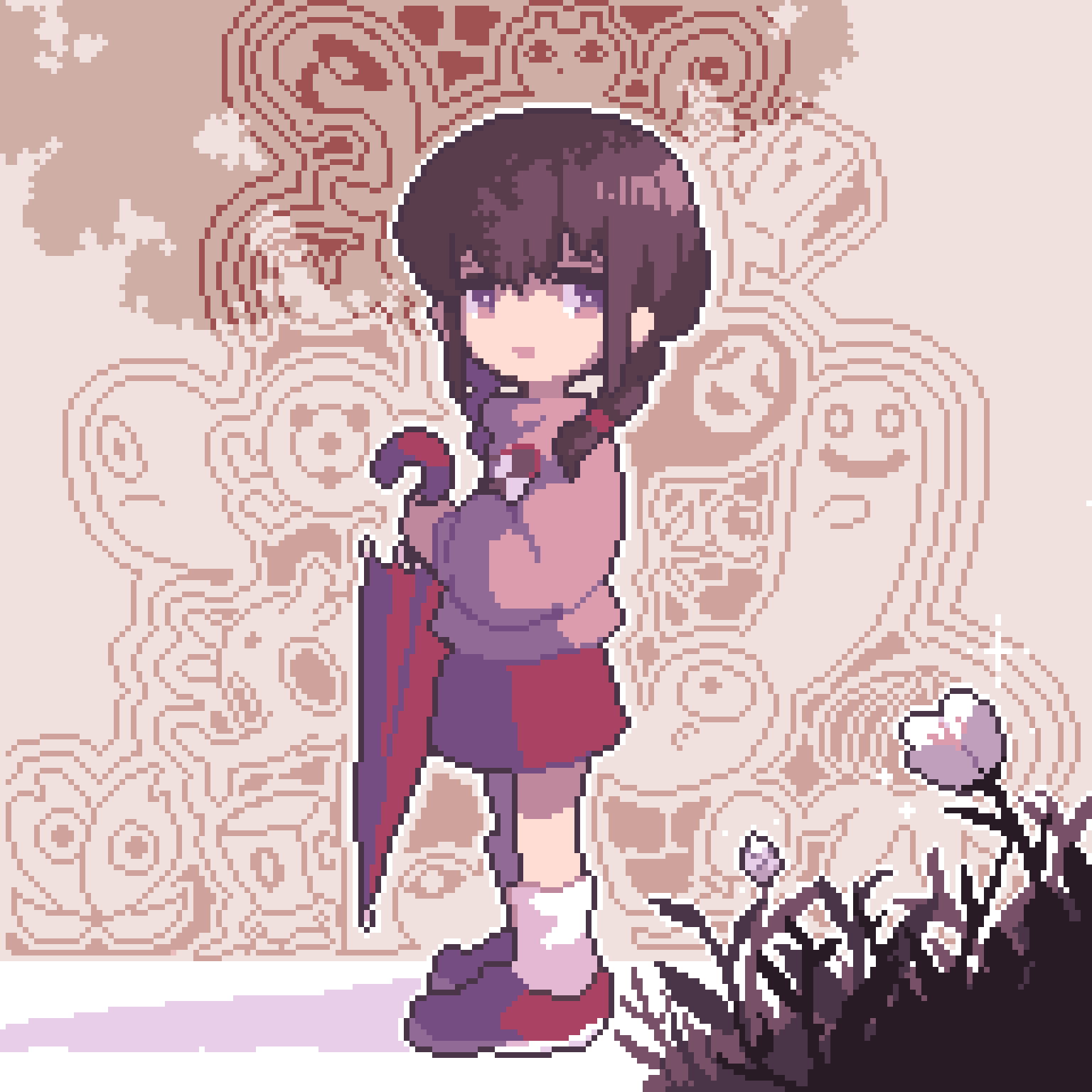 1girl, brown_hair, flower, full_body, highres, holding, holding_umbrella, long_sleeves