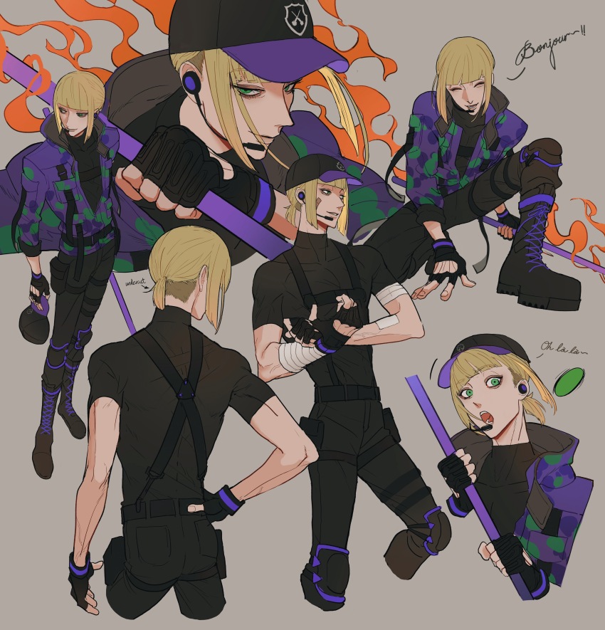 1boy, absurdres, bandaged_arm, bandages, baseball_cap, black_gloves, black_shirt, blonde_hair, boots, camouflage, camouflage_jacket, commentary_request, fingerless_gloves, gloves, green_eyes, grey_background, hand_on_own_hip, hat, highres, holding, iamthekingofegg, jacket, looking_at_viewer, male_focus, multiple_views, purple_jacket, rook_hunt, rook_hunt_(beans_camo), shirt, short_hair, simple_background, skin_tight, twisted_wonderland