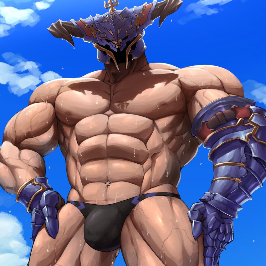 1boy, abs, bara, black_male_swimwear, bulge, cloud, cowboy_shot, edamamego