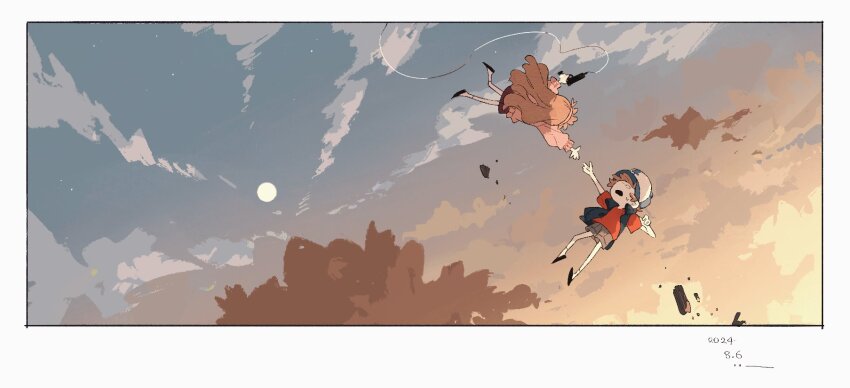 1boy, 1girl, baggy_clothes, baseball_cap, black_footwear, blue_hat, blue_vest, brother_and_sister