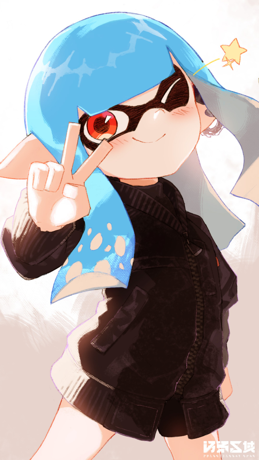 1girl, bike_shorts, black_jacket, blue_hair, blunt_bangs, blush, closed_mouth, cowboy_shot