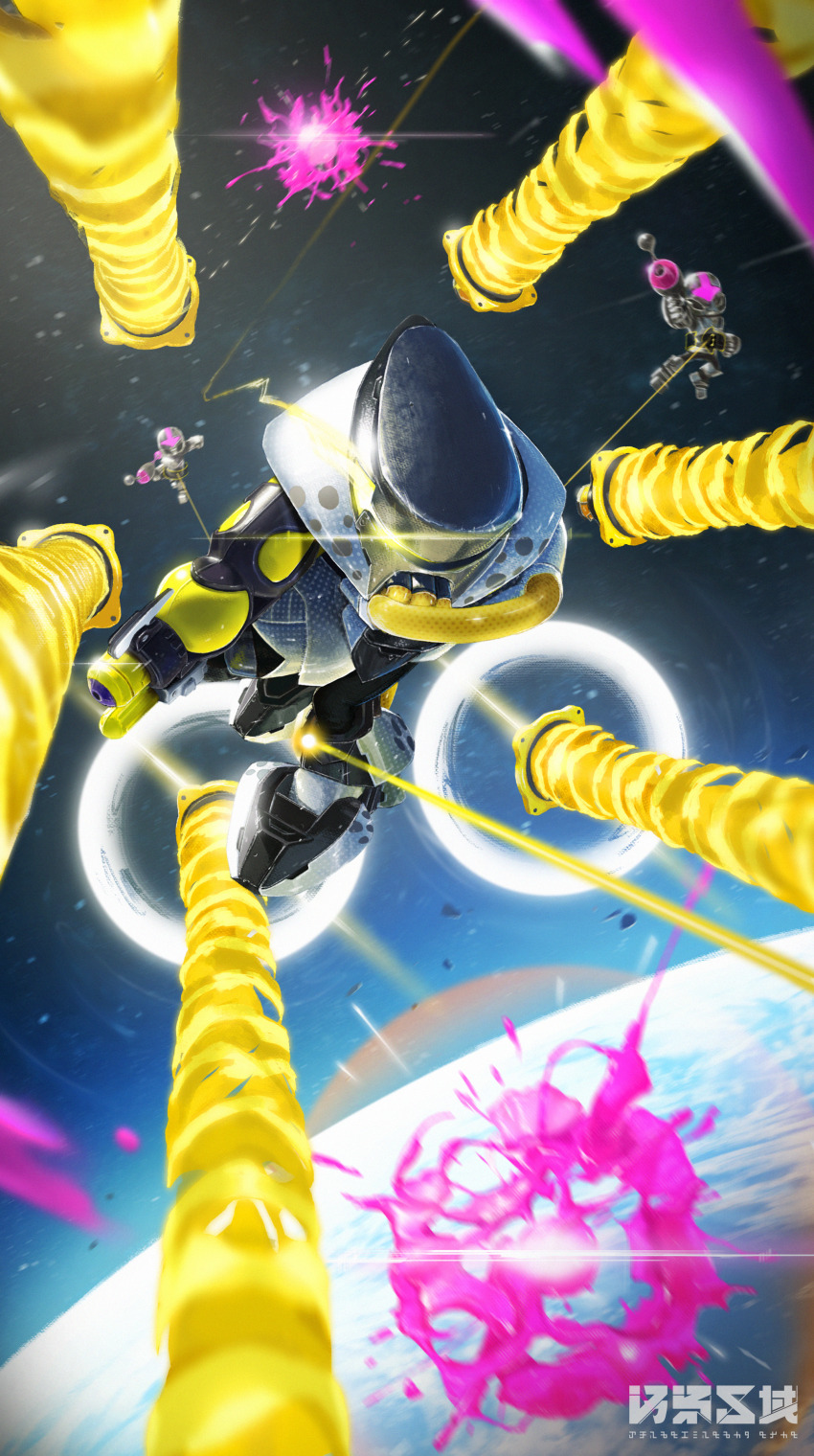 3others, absurdres, ambiguous_gender, armor, armored_boots, boots, earth_(planet), echolocator_(splatoon)