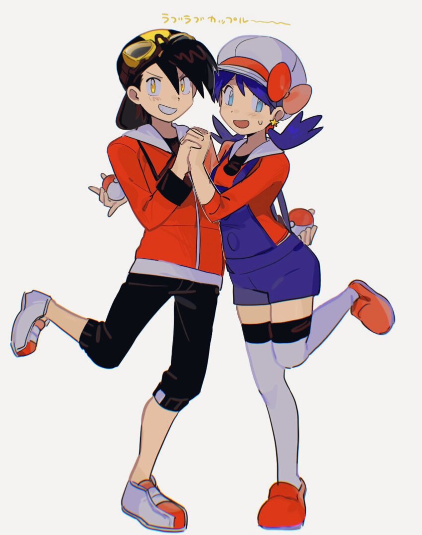 1boy, 1girl, afyewv5, backwards_hat, black_pants, blue_eyes, blue_hair, blue_overalls