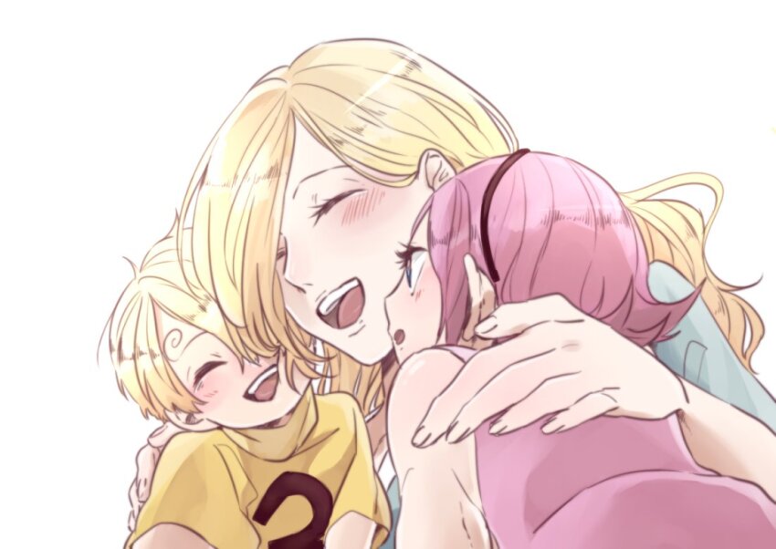 1boy, 2girls, ^_^, blonde_hair, blush, closed_eyes, commentary_request, curly_eyebrows