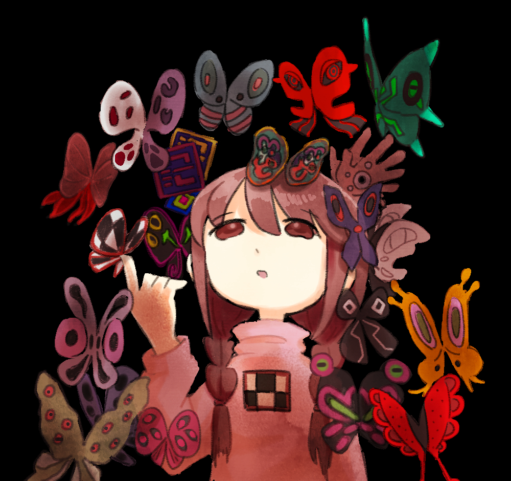 1girl, black_background, braid, brown_hair, bug, butterfly, commentary_request, hair_between_eyes