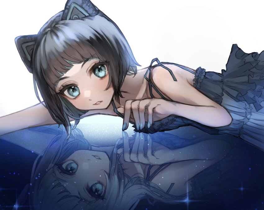 1girl, alternate_costume, animal_ears, arched_bangs, asatsuyu, bare_arms, bare_shoulders, black_hair