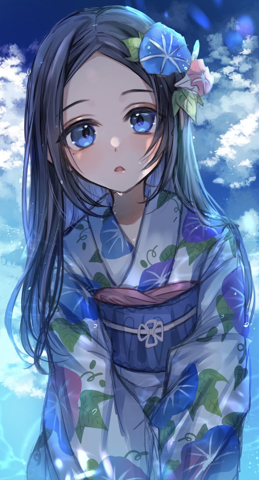 1girl, alternate_costume, alternate_hairstyle, asatsuyu, black_hair, blue_eyes, blue_flower, blue_sky