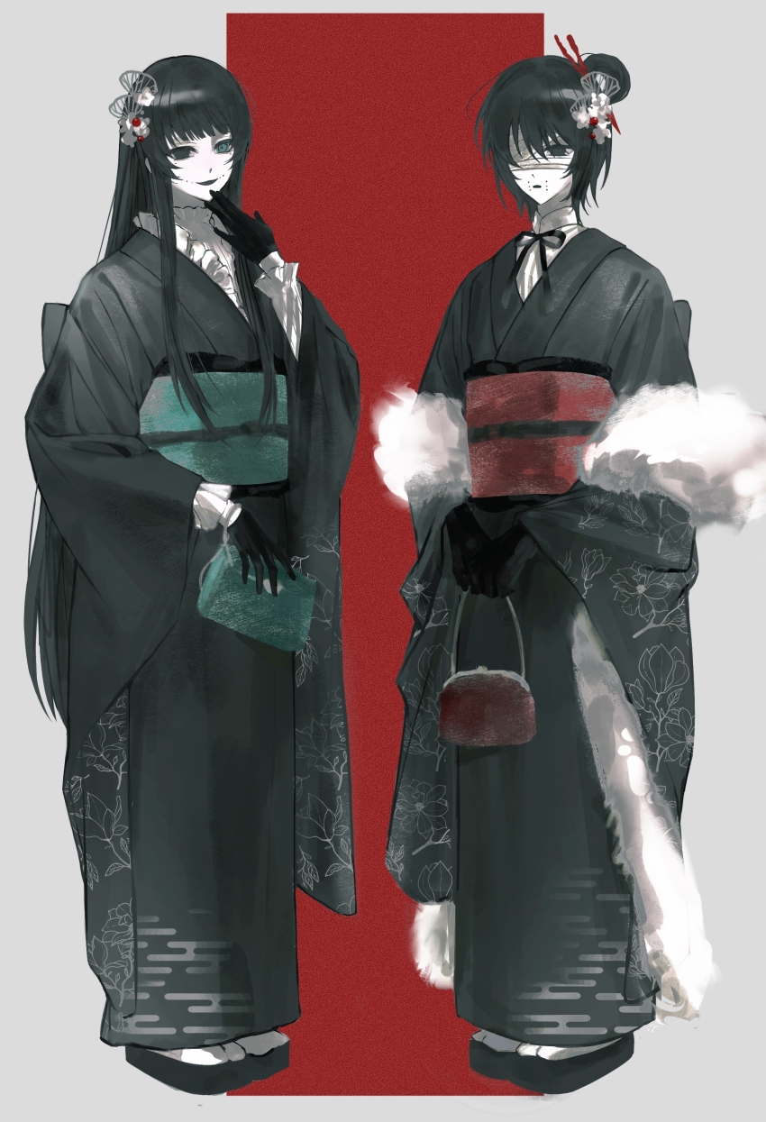 2girls, absurdres, adapted_costume, bag, black_eyes, black_gloves, black_hair, black_kimono, doushale, facial_mark, flat_chest, full_body, fur_trim, gloves, green_bag, green_eyes, green_sash, hair_ornament, hair_rings, hair_stick, hand_on_own_chin, handbag, heterochromia, highres, holding, holding_bag, japanese_clothes, kimono, long_hair, long_sleeves, multiple_girls, naihe_(female)_(touqi_guaitan), neck_ribbon, obi, open_mouth, ribbon, sash, shirt, siblings, single_hair_ring, sisters, smile, touqi_guaitan, twins, white_ribbon, white_shirt, wide_sleeves, wu_song_(female)_(touqi_guaitan)