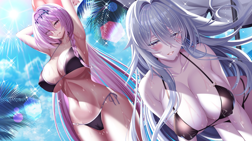 2girls, alternate_costume, arms_up, azur_lane, ball, beachball, bikini, black_bikini