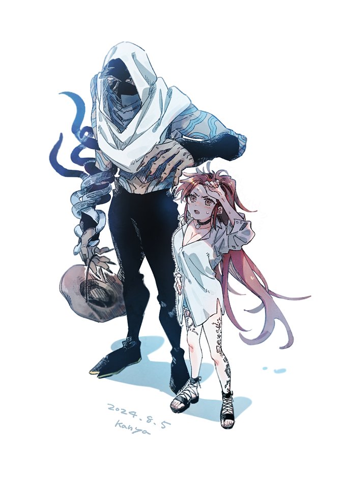 1boy, 1girl, alternate_costume, assassin_(fate/samurai_remnant), black_footwear, black_pants, blue_shorts, breasts