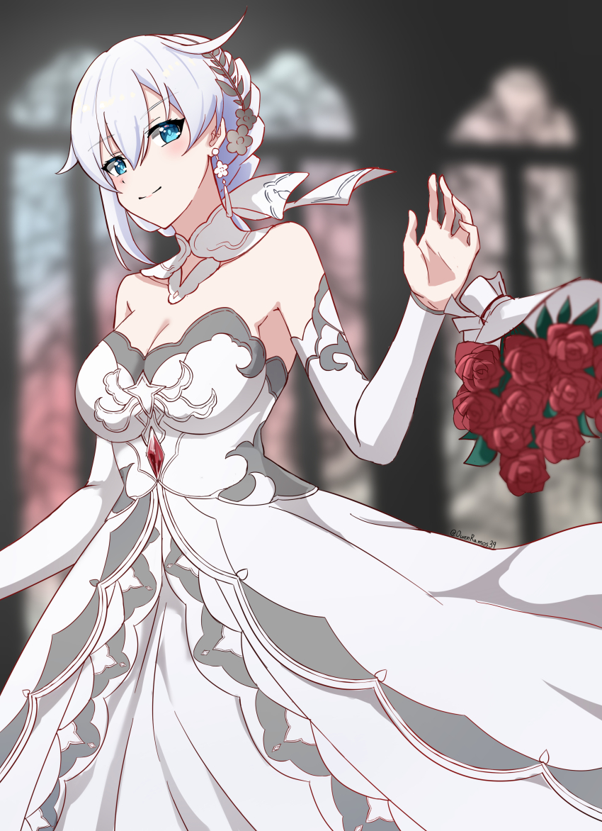1girl, absurdres, bare_shoulders, blue_eyes, blurry, blurry_background, bouquet, breasts