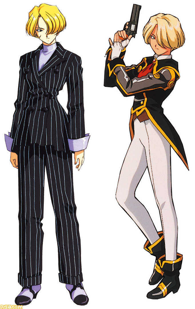 2girls, alternate_costume, artist_request, black_collar, black_footwear, black_jacket, black_sleeves, black_suit