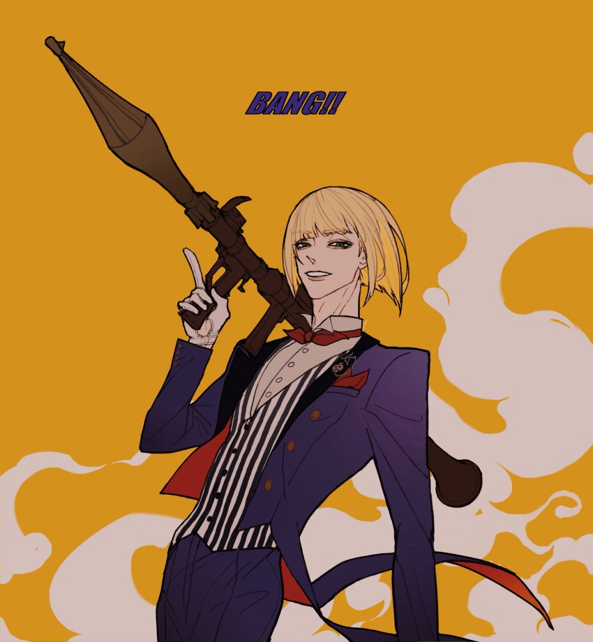 1boy, blonde_hair, coattails, commentary_request, cowboy_shot, english_text, formal_clothes, gloves